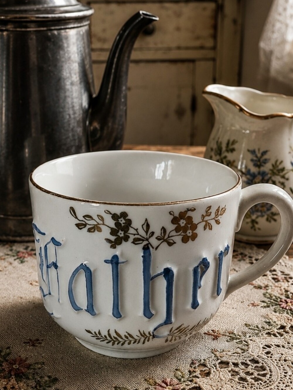 Antique Vintage Father's Day Mug Coffee Cup Germany Porcelain White & Blue Gold